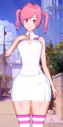 1girl 3d cloud digimon digimon_story:_cyber_sleuth female_focus hair_ornament hairpin pink_eyes pink_hair rindou_akiho sky solo twintails