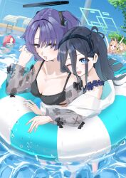 5girls ;d ^_^ aris_(blue_archive) arms_up beach_chair bikini black_bikini black_hair blonde_hair blue_archive breasts chain-link_fence cleavage closed_eyes commentary_request double_v fence game_development_department_(blue_archive) hair_between_eyes halo highres holding_hands interlocked_fingers kumakono long_hair_between_eyes looking_at_viewer medium_breasts midori_(blue_archive) momoi_(blue_archive) multiple_girls one_eye_closed one_side_up open_mouth pool pool_ladder purple_hair red_hair see-through_clothes see-through_sleeves shared_innertube siblings sisters smile swimsuit twins v yuuka_(blue_archive) yuzu_(blue_archive)