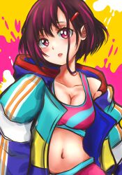 1girl absurdres blush breasts bright_pupils cleavage commentary crop_top english_commentary hair_ornament hairclip highres jacket large_breasts looking_at_viewer midriff mikazuki_shizuka navel open_clothes open_jacket open_mouth pink_shorts pink_sports_bra purple_hair r1suvo red_eyes shorts solo sports_bra stomach white_pupils zom_100:_zombie_ni_naru_made_ni_shitai_100_no_koto