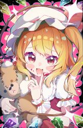 1girl absurdres ascot blonde_hair blood_on_mouth blush crystal crystal_wings fang flandre_scarlet frilled_shirt_collar frills hat hat_ribbon highres looking_at_viewer mob_cap open_mouth puffy_short_sleeves puffy_sleeves rappi red_eyes red_vest ribbon shirt short_sleeves side_ponytail skin_fang smile solo sparkle stuffed_animal stuffed_toy teddy_bear touhou upper_body vest white_shirt wings wrist_cuffs yellow_ascot