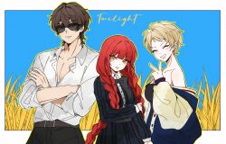 1boy 2girls ^_^ absurdres bare_shoulders belt black_shirt blonde_hair blue_background blunt_bangs border bow bowtie braid brown_eyes brown_hair closed_eyes collared_shirt crossed_arms dress_shirt fata_morgana_no_yakata grey_bow grey_bowtie grin highres holding_own_arm huixiaaa42305 jacopo_bearzatti long_hair looking_at_viewer maria_campanella morgana_(fata_morgana_no_yakata) multiple_girls off_shoulder outside_border partially_unbuttoned pectoral_cleavage pectorals red_hair shirt short_hair smile strapless sunglasses twin_braids v very_long_hair white_border white_shirt yellow_eyes