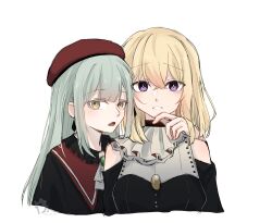 2girls bang_dream! bang_dream!_it&#039;s_mygo!!!!! black_capelet black_dress blonde_hair blush capelet clothing_cutout commentary_request doloris_(bang_dream!) dress earrings green_hair hand_on_another&#039;s_chin hat highres jewelry kaeru_(kaeee41917105) long_hair looking_at_viewer medium_hair misumi_uika mortis_(bang_dream!) mortis_(costume)_(bang_dream!) multiple_girls open_mouth parted_lips purple_eyes red_hat shoulder_cutout simple_background wakaba_mutsumi white_background yellow_eyes yuri