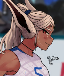 Rule 34 | 1girl, animal ears, bare shoulders, boku no hero academia, close-up, dark-skinned female, dark skin, embarrassed, eyelashes, from side, gud0c, highres, looking at viewer, mirko, photo-referenced, ponytail, rabbit ears, rabbit girl, red eyes, smile, solo, sportswear, sweat, white hair, yoshimura shiho