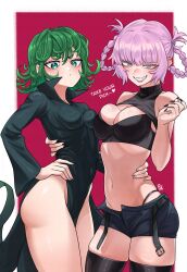 2girls asymmetrical_docking belt black_belt black_dress black_nails black_shorts black_thighhighs blue_eyes blunt_bangs border breast_press breasts cleavage clenched_teeth closed_mouth collared_dress colored_eyelashes commentary cowboy_shot crossover dot_mouth dress english_commentary english_text flipped_hair green_eyes green_hair grin half-closed_eyes hand_on_another&#039;s_waist hand_up highres large_breasts loose_belt medium_breasts medium_hair multiple_girls nanakusa_nazuna_(yofukashi_no_uta) navel one-punch_man panty_straps pink_hair popped_collar red_background shorts side_slit smile standing tatsumaki teeth thick_eyebrows thighhighs thighs unusualpie v-shaped_eyebrows white_border yofukashi_no_uta