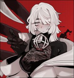 1girl absurdres breasts claws faust_(project_moon) gauntlets hair_over_one_eye highres jacket kishimen_hair large_breasts limbus_company mask medium_hair ny_000a project_moon red_background respirator sidelocks simple_background skeleton_print solo thoracalgia_(e.g.o) white_hair white_jacket