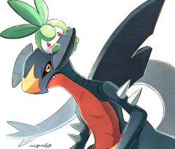 animal_focus black_sclera blue_skin blush closed_mouth colored_sclera colored_skin commentary_request creatures_(company) fangs fins game_freak garchomp gen_4_pokemon gen_5_pokemon green_skin horns leaf long_tail looking_at_viewer mochopaccho multicolored_skin nintendo no_humans petilil pokemon pokemon_(creature) red_eyes red_skin simple_background spikes tail two-tone_skin upper_body white_background white_skin