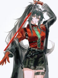 1girl absurdres animal_ear_piercing animal_ears arknights arm_up black_coat black_hair black_shorts cigarette closed_mouth coat commentary cowboy_shot crossed_bangs gloves green_necktie grey_background hair_between_eyes highres holding holding_sword holding_weapon long_hair long_sleeves mouth_hold necktie official_alternate_costume orange_gloves orange_shirt shirt shorts simple_background sketch solo standing sword texas_(arknights) texas_(willpower)_(arknights) weapon wolf_ears wolf_girl yellow_eyes zhishi_mao_tiao