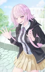 1girl :d absurdres backpack bag black_jacket breasts brown_skirt collared_shirt cowboy_shot danganronpa_(series) danganronpa_2:_goodbye_despair day dress_shirt galaga hair_ornament hands_up highres hood hooded_jacket jacket large_breasts long_sleeves medium_breasts miniskirt muginosa nanami_chiaki neck_ribbon open_clothes open_jacket open_mouth outdoors pink_bag pink_eyes pink_hair pink_ribbon pleated_skirt ribbon shirt short_hair skirt smile solo teeth tree two-tone_shirt water well white_shirt