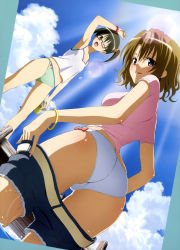 2girls ;d absurdres arm_up artist_request ass bikini bikini_bottom_only black_hair blue_sky bracelet brown_eyes brown_hair camisole cloud cutoffs day denim denim_shorts drink dutch_angle glasses green_bikini highres jewelry lens_flare looking_back momioka_risa multiple_girls nail_polish ocean official_art one_eye_closed open_mouth outdoors purple_eyes sawada_mio scan short_hair short_shorts shorts sky smile sunlight swimsuit to_love-ru twintails undressing water wet white_bikini wink
