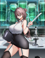 1girl absurdres aqua_eyes aqua_hair black_skirt black_thighhighs breasts brown_hair curvy dna erlenmeyer_flask flask garter_straps glasses hair_between_eyes hair_bun hair_ornament highres holding holding_notebook holding_ruler holographic_monitor honkai:_star_rail honkai_(series) indoors large_breasts looking_at_viewer medium_hair microskirt multicolored_hair nib_pen_(object) notebook pen round-bottom_flask ruan_mei_(honkai:_star_rail) semi-rimless_eyewear shirt shirt_tucked_in sidelocks skirt sky_wbo standing streaked_hair table teacher thighhighs two-tone_hair under-rim_eyewear white_shirt