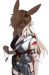1girl airseal animal_ears arknights armband blonde_hair blood blood_on_face braid closed_eyes dog_tags highres kroos_(arknights) kroos_the_keen_glint_(arknights) long_hair rabbit_ears shirt short_shorts shorts tears vest white_background white_shirt wounds
