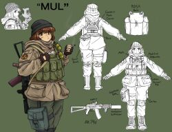 aks-74u assault_rifle beanie chest_rig cigarette explosive grenade gun hat highres holding holding_cigarette kalashnikov_rifle military mul original reference_sheet rifle short_hair smoking the_sourkraut weapon