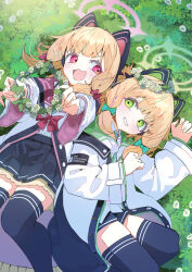 2girls animal_ear_headphones animal_ears black_shorts black_skirt black_thighhighs blonde_hair blue_archive blush cat_ear_headphones commentary_request fake_animal_ears flower_wreath green_eyes green_halo halo head_wreath headphones highres hiyayakko_(jfky2528) holding holding_wreath jacket layered_sleeves long_sleeves looking_at_another lying medium_hair midori_(blue_archive) miniskirt momoi_(blue_archive) multiple_girls on_back pink_eyes pink_halo pleated_skirt shirt short_shorts shorts siblings sisters skirt smile thighhighs twins white_jacket white_shirt wide_sleeves zettai_ryouiki