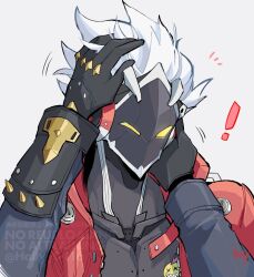 Rule 34 | !, 2boys, artist name, billy kid, black gloves, black jacket, blush, commentary request, cyborg, gloves, hally, hand on another&#039;s cheek, hand on another&#039;s face, hand on another&#039;s head, jacket, lighter (zenless zone zero), long sleeves, looking at viewer, male focus, multiple boys, notice lines, open clothes, open jacket, pov, pov hands, red jacket, short hair, signature, simple background, spiked hair, spikes, upper body, white background, white hair, yaoi, yellow eyes, zenless zone zero, zipper