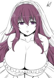 1girl absurdres breasts cleavage collarbone commentary english_commentary hair_between_eyes hair_ribbon highres huge_breasts large_breasts limited_palette long_hair looking_at_viewer lughost murasaki_(senran_kagura) partially_colored prehensile_hair purple_eyes purple_hair ribbon senran_kagura senran_kagura_shinovi_versus solo spot_color very_long_hair white_background