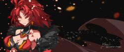 Rule 34 | 1girl, absurdres, alternate hair length, alternate hairstyle, anime coloring, armored leotard, black background, breasts, cleavage, cleavage cutout, closed mouth, clothing cutout, commentary, earrings, english commentary, highres, honkai (series), honkai impact 3rd, jewelry, kili kilio, large breasts, leotard, looking at viewer, medium hair, mole, mole on breast, murata himeko, murata himeko (vermillion knight), red hair, red leotard, single earring, smile, solo, upper body, yellow eyes