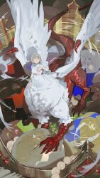 1girl absurdres breasts centauroid chimera dungeon_meshi falin_touden feathered_wings grey_hair highres looking_up monster_girl omurice_(304975636) short_hair solo taur underboob white_wings wings yellow_eyes