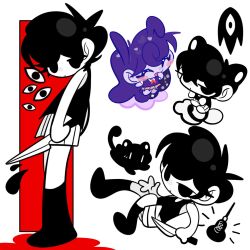 1boy 1girl animal_ears antenna_hair black_eyes black_hair black_socks black_tank_top cat cat_boy cat_ears cat_tail chibi closed_eyes closed_mouth collared_shirt colored_skin expressionless highres holding holding_knife jjamdal kemonomimi_mode knife looking_at_viewer mari_(headspace)_(omori) mari_(omori) mewo neckerchief omori omori_(omori) pleated_skirt purple_hair purple_sweater_vest red_neckerchief shirt short_hair short_sleeves shorts skirt socks something_(omori) striped_clothes striped_shorts sweater_vest tail tank_top vertical-striped_clothes vertical-striped_shorts white_shirt white_shorts white_skin