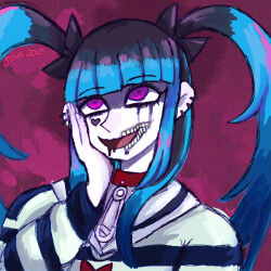 Rule 34 | amemiya darumi, black hair, blue hair, collarbone, ear piercing, earrings, eyebrows, face piercing, fingernails, hair between eyes, hand up, heart, jewelry, lip piercing, long hair, makeup, multicolored hair, open mouth, piercing, pink eyes, portrait, red background, runny makeup, safety pin, shirt, simple background, striped clothes, striped shirt, the hundred line -last defense academy-, tongue, twintails, upper body