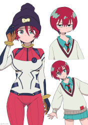 1girl absurdres amate_yuzuriha aqua_shirt aqua_skirt artist_name beanie black_hat bodysuit commentary diagonal-striped_clothes diagonal-striped_necktie gundam gundam_gquuuuuux hat highres jitome kms2605 korean_commentary looking_at_viewer mecha_pilot_suit multiple_views necktie pom_pom_(clothes) pom_pom_beanie red_bodysuit red_hair school_uniform shirt short_hair simple_background skirt striped_clothes sweater twitter_username two-tone_bodysuit white_background white_bodysuit white_sweater