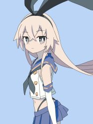 1girl absurdres baasaku_(balasaku24) black_hairband black_neckerchief black_panties blonde_hair blue_background blue_sailor_collar blue_skirt crop_top elbow_gloves gloves grey_eyes hairband highleg highleg_panties highres kantai_collection long_hair looking_at_viewer microskirt miniskirt neckerchief panties pleated_skirt sailor_collar shimakaze_(kancolle) shirt simple_background skirt sleeveless sleeveless_shirt solo underwear white_gloves
