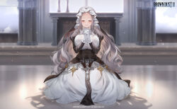 1girl absurdres black_corset blush breasts brown_dust_(series) brown_dust_2 commentary commentary_request corset dress gloves grey_hair hands_up highres huge_breasts interlocked_fingers juliet_sleeves long_hair long_sleeves looking_at_viewer michaela_(brown_dust) nun official_art own_hands_clasped own_hands_together puffy_sleeves red_eyes ruhee sitting smile solo very_long_hair white_dress white_gloves