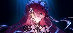 1girl black_eyes blue_background fate/grand_order fate_(series) floating_hair game_cg hair_between_eyes heterochromia hotosoka large_variant_set long_hair looking_at_viewer official_art portrait red_hair slit_pupils solo third-party_source typhon_ephemeros_(fate) variant_set yellow_eyes