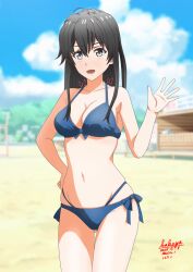 1girl :d bikini black_hair blue_bikini blue_eyes blue_sky breasts cleavage cloud collarbone cowboy_shot dated looking_at_viewer medium_breasts multi-strapped_bikini_bottom navel open_hand open_mouth outdoors sakayaya side-tie_bikini_bottom signature sky smile solo stomach swimsuit yahari_ore_no_seishun_lovecome_wa_machigatteiru. yukinoshita_yukino