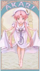 1girl aria_(manga) aria_company_uniform barefoot beret blue_bow blue_bowtie bow bowtie breasts commentary_request dress feet full_body green_eyes hair_tubes hat highres leaning_forward long_dress long_hair looking_at_viewer medium_breasts mizunashi_akari open_mouth piazza_san_marco pink_hair ripples short_hair_with_long_locks short_sleeves sidelocks skirt_hold smile solo standing telaform toes venice wading water white_dress white_hat