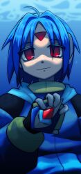 Rule 34 | 1boy, absurdres, biometal, blue hair, blue hoodie, commentary, cyb3r pegasus, highres, holding, hood, hood down, hoodie, looking at viewer, male focus, mega man (series), mega man zx, mega man zx advent, model l (mega man), red eyes, robot ears, short hair, smile, solo, symbol-only commentary, thetis (mega man), underwater, upper body