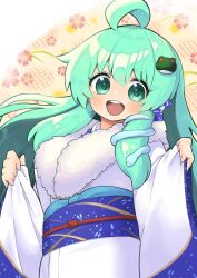 Rule 34 | 1girl, :d, ahoge, blue sash, clothes grab, commentary request, floral background, frog hair ornament, fur-trimmed kimono, fur trim, green eyes, green hair, hair ornament, hair tubes, highres, japanese clothes, kimono, kochiya sanae, light blush, long hair, long sleeves, looking at viewer, new year, obi, obiage, obijime, odango (shiladango), open mouth, patterned clothing, sash, single hair tube, single sidelock, smile, snake hair ornament, solo, touhou, upper body, white kimono, wide sleeves