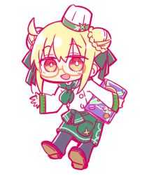 1girl :d apron artoria_pendragon_(fate) black_pants blonde_hair blue_shoes braid brown_eyes chibi commentary_request double_bun fate/grand_order fate_(series) full_body glasses green_apron hair_between_eyes hair_bun hat highres holding kasuga_yuuki long_sleeves looking_at_viewer menu mini_chef_hat mysterious_heroine_x_alter_(fate) open_mouth orange-tinted_eyewear outline pants red_outline semi-rimless_eyewear shirt shoe_soles shoes simple_background sleeves_past_wrists smile solo tilted_headwear tinted_eyewear under-rim_eyewear white_background white_hat white_shirt wide_sleeves