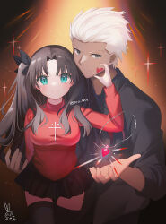1boy 1girl archer_(fate) aro_1801 backlighting black_hair black_pants black_shirt black_skirt black_thighhighs blue_eyes breasts closed_mouth couple dark-skinned_male dark_skin fate/stay_night fate_(series) gradient_background grey_eyes hair_ribbon heart hetero jewelry light_particles medium_breasts miniskirt pants pendant red_sweater ribbon shirt skirt smile sweater thighhighs tohsaka_rin turtleneck turtleneck_sweater two_side_up white_hair zettai_ryouiki