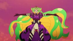 Rule 34 | 1girl, animated, anime screenshot, black gloves, blonde hair, bouncing breasts, breasts, colored skin, cthulhu (necronomico no cosmic horror show), dress, elbow gloves, gloves, gradient hair, green hair, green skin, groin, highres, large breasts, multicolored hair, navel, necronomico no cosmic horror show, outstretched arms, panties, possessed, purple dress, red eyes, red hair, red panties, revealing clothes, sound, star-shaped pupils, star (symbol), stomach, symbol-shaped pupils, tagme, thighs, underwear, video