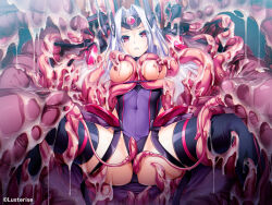 Rule 34 | 1girl, amakubo kaede, armor, arms up, black gloves, black thighhighs, breasts, covered navel, cum, cum on body, elbow gloves, forehead protector, gloves, grabbing another&#039;s breast, groping, headgear, imminent rape, inoino, kouyoku senki exs-tia, large breasts, leotard, long hair, looking at viewer, medium breasts, nipples, official art, red eyes, restrained, slime (substance), solo, spread legs, tentacle pit, tentacles, thighhighs, thighs, white hair