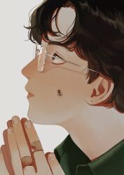 Rule 34 | 1boy, absurdres, bandaid, bandaid on hand, black hair, brown eyes, bug, commentary, fly, from side, glasses, highres, insect, male focus, nakano kaworu, original, own hands together, piercing hole, pink lips, profile, rimless eyewear, solo