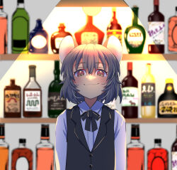 1girl alcohol animal_ears bar_(place) bartender black_ribbon black_vest bottle ceiling_light collared_shirt grey_hair head_tilt highres liquor long_sleeves looking_at_viewer mouse_ears nayozane_(worker7) nazrin neck_ribbon red_eyes ribbon shelf shirt short_hair solo touhou upper_body vest whiskey white_shirt wine_bottle
