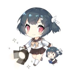 2girls :d backpack bag battery black_hair blush blush_stickers bow bowtie brown_dress brown_sailor_collar brown_shoes brown_skirt chibi closed_mouth dress fairy_(girls&#039;_frontline) full_body girls&#039;_frontline hair_ribbon holding illumination_fairy_(girls&#039;_frontline) long_sleeves looking_at_viewer midriff_peek multiple_girls official_art open_mouth pleated_skirt red_eyes ribbon sailor_collar saru school_uniform serafuku shirt shoes short_hair short_twintails simple_background skirt smile socks sparkle studio_lights third-party_source transparent_background twintails v-shaped_eyebrows walking white_ribbon white_shirt white_socks yellow_bow yellow_bowtie |_|