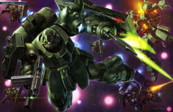 absurdres army artist_request battle beam_rifle cable char&#039;s_counterattack energy_gun explosion fleet geara_doga geara_doga_(rezin_schnyder_custom) gundam gundam_perfect_file highres machinery mecha mecha_focus official_art one-eyed panzerfaust realistic robot scan science_fiction shield shoulder_spikes space spikes thrusters traditional_media vernier_thrusters weapon zero_gravity