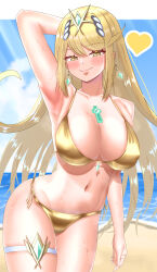 1girl absurdres armpits beach bikini blonde_hair blush breasts chest_jewel commentary_request core_crystal_(xenoblade) cowboy_shot earrings gold_bikini golden_week heart highres jewelry large_breasts long_hair meipasuye mythra_(xenoblade) navel ocean sand solo swimsuit tiara wet xenoblade_chronicles_(series) xenoblade_chronicles_2 yellow_eyes