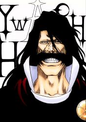 1boy alpen_no_koyari black_cape black_hair bleach bleach:_sennen_kessen-hen cape character_name collarbone commentary evil_grin evil_smile extra_eyes grin hair_between_eyes highres kubo_tite_(style) long_hair looking_at_viewer male_focus nose official_style old old_man quincy_(bleach) red_eyes simple_background smile solo sternritter straight-on sunken_cheeks teeth tsurime upper_body white_background yhwach