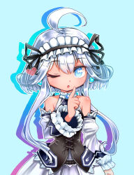 1girl ahoge ajitarou_(setsu) bare_shoulders black_hairband blue_eyes detached_sleeves dress emil_chronicle_online finger_to_mouth frilled_dress frilled_hairband frilled_sleeves frills hairband heart highres looking_at_viewer mecha_musume mitama_aria one_eye_closed shushing spoken_heart white_dress white_hair
