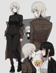 1girl 3girls :o absurdres black_hair black_pants black_shoes black_sweater blonde_hair blue_eyes blush bob_cut breasts brown_coat cigarette cigarette_kiss closed_mouth coat coat_partially_removed collared_shirt doll don_quixote_(project_moon) faust_(project_moon) fumo_(doll) highres holding holding_doll jacket jacket_on_shoulders kekel large_breasts limbus_company long_hair long_sleeves looking_at_another looking_at_viewer looking_back multiple_girls multiple_views pants project_moon red_eyes ryoshu_(project_moon) shirt shoes short_hair small_breasts smoking sneakers sweater turtleneck turtleneck_sweater very_long_hair white_background white_hair white_shirt yuri