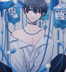1boy absurdres black_choker black_eyes black_hair black_pants blood blood_bag blue_blood blurry blurry_foreground choker closed_mouth collarbone commentary_request english_text grey_background hair_between_eyes highres looking_at_viewer male_focus mole mole_under_mouth moxamog original pants pill scar scar_on_chest shirt shirt_partially_removed short_hair sitting solo upper_body white_shirt