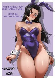 1girl :/ absurdres alternate_costume animal_ear_hairband animal_ears artist_name bare_legs black_hair blue_bow blue_bowtie blue_leotard bow bowtie breasts cameltoe curvy detached_collar earrings english_text fake_animal_ears hairband highleg highleg_leotard highres hoop_earrings jewelry leotard long_hair marvel medium_breasts outside_border playboy_bunny psylocke purple_background purple_eyes rabbit_ears shadow shiny_skin sinpadart solo strapless strapless_leotard thong_leotard two-tone_background wide_hips wrist_cuffs x-men