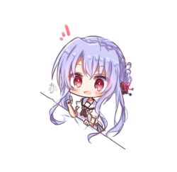 Rule 34 | 1girl, :d, blue hair, blush, braid, chibi, chibi only, crown braid, eyes visible through hair, hair between eyes, hair bun, hand up, hashtag-only commentary, highres, index finger raised, long hair, looking at viewer, notice lines, open mouth, puffy short sleeves, puffy sleeves, red eyes, sailor collar, school uniform, serafuku, shirt, short sleeves, sidelocks, signature, simple background, single hair bun, smile, solo, sorakado ao, summer pockets, summer pockets school uniform, upper body, utuigawa, very long hair, white background, white sailor collar, white shirt
