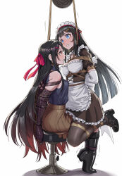 2girls apron armbinder arms_behind_back bare_shoulders bdsm black_hair blue_eyes blue_shirt bondage bound bound_arms bound_legs bound_together breasts collared_shirt dress elbow_gloves frilled_apron frilled_dress frilled_headwear frilled_skirt frills frogtie gloves highres long_hair looking_at_another maid_apron maid_headdress medium_breasts multiple_girls on_chair open_mouth original pleated_skirt red_eyes red_ribbon restrained ribbon root001 shibari shibari_over_clothes shirt sitting sitting_on_person skirt small_breasts teeth very_long_hair white_background white_gloves
