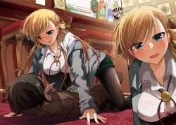 1boy 1girl all_fours araragi_ayune bar_(place) bar_stool black_hair black_pantyhose blonde_hair bolo_tie bra bra_peek braid breasts brown_pants collared_shirt commentary_request girl_on_top grey_jacket hetero isshiki-san_wa_koi_wo_shiritai. jacket large_breasts long_hair lying meishi_leland multiple_views on_back on_floor open_mouth pants pantyhose pantyhose_under_shorts pink_bra rinna_milford shirt short_hair shorts smile stool sweatdrop swept_bangs tights_day underwear white_shirt