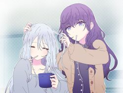 2girls asahina_mafuyu buttons closed_eyes closed_mouth cup highres holding holding_cup lisayuki10v3 long_hair multiple_girls project_sekai purple_eyes purple_hair upper_body yoisaki_kanade