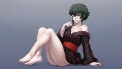 Rule 34 | absurdres, ass, bags under eyes, barefoot, black hair, black lagoon, blue eyes, bottomless, collarbone, electrolarynx, feet, finalcake, highres, japanese clothes, kimono, legs, no panties, piercing, frederica sawyer, scar, short hair, short kimono, smile, toes
